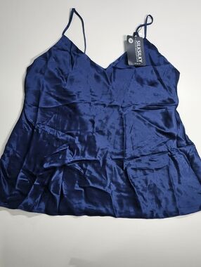 Silksilky Navy Silk Spaghetti Strap Top Womens M NWT Luxe Summer